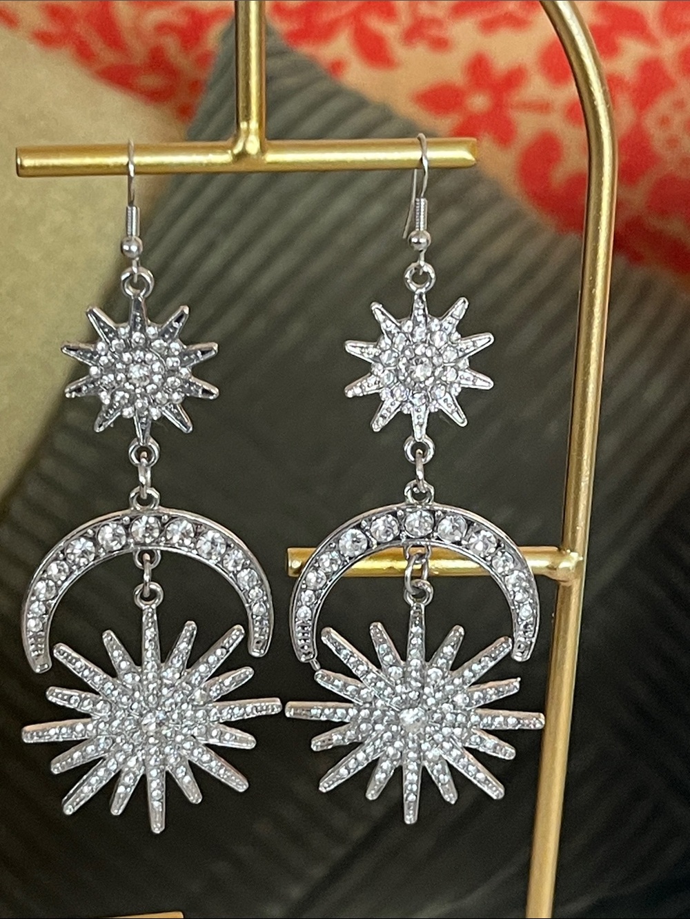 Silver Sun Star Moon Crystal Drop Earrings